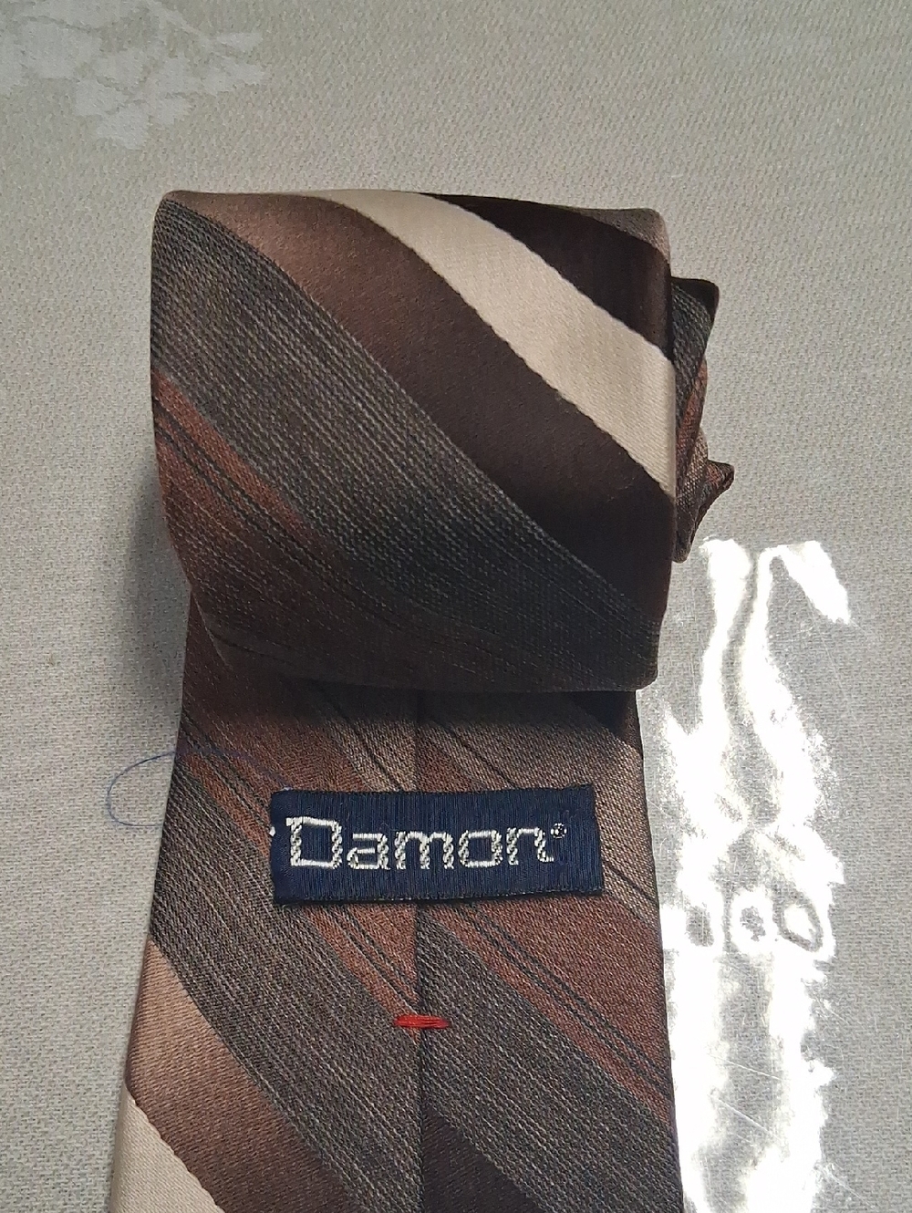 Damo Men's Brown and Cream Diagonal Stripe Tie